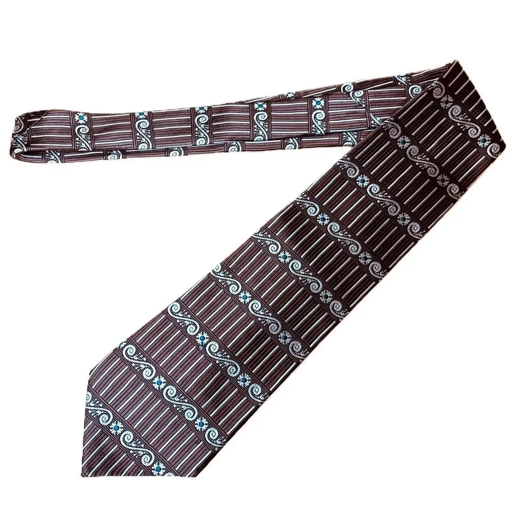 Pierre Cardin Silk Tie Brown Beige Green‎ Scroll Stripe Geometric Print Necktie